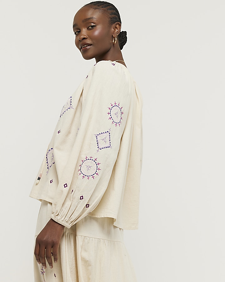 Cream Embroidered Smock Top