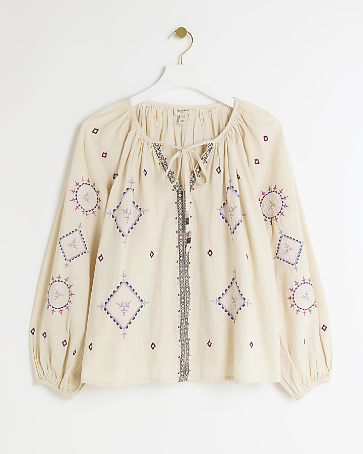 Cream Embroidered Smock Top