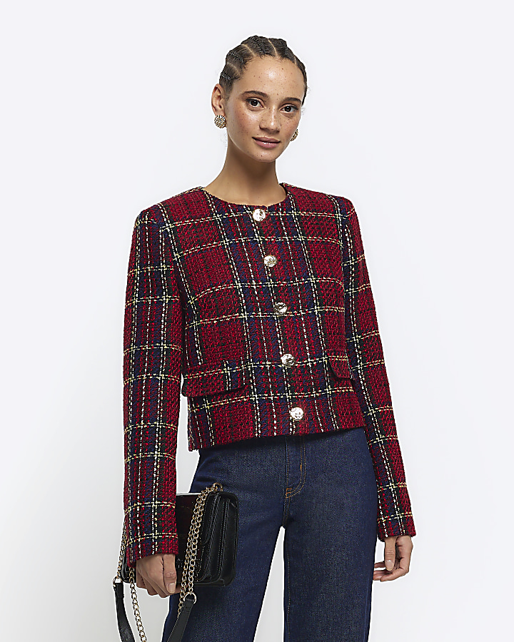 Red boucle check crop jacket