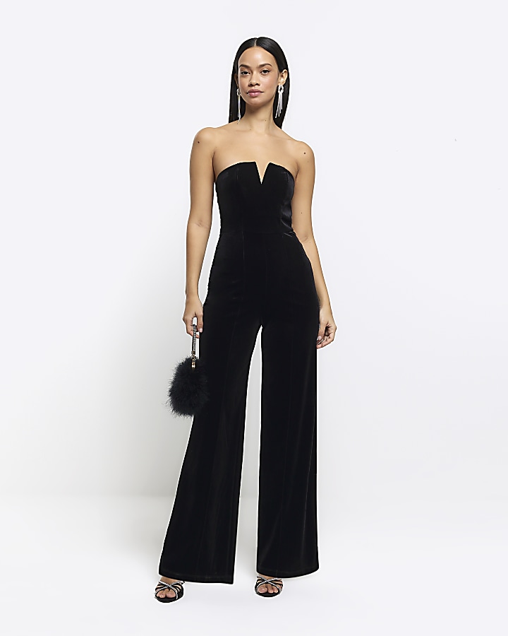 Black velvet bandeau jumpsuit | River Island