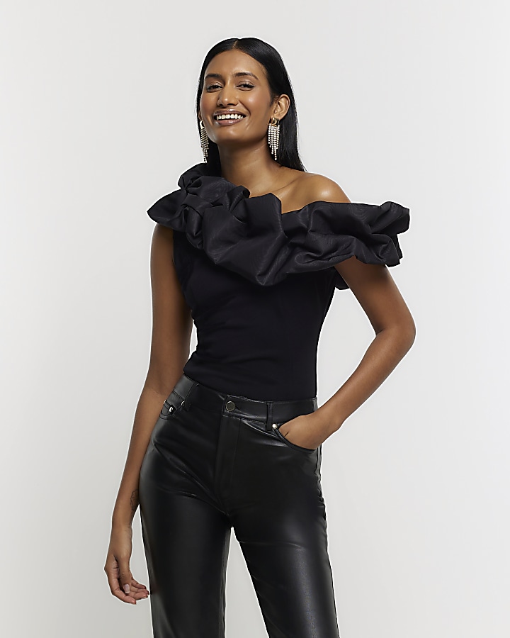 Black ruched asymmetric sleeveless top