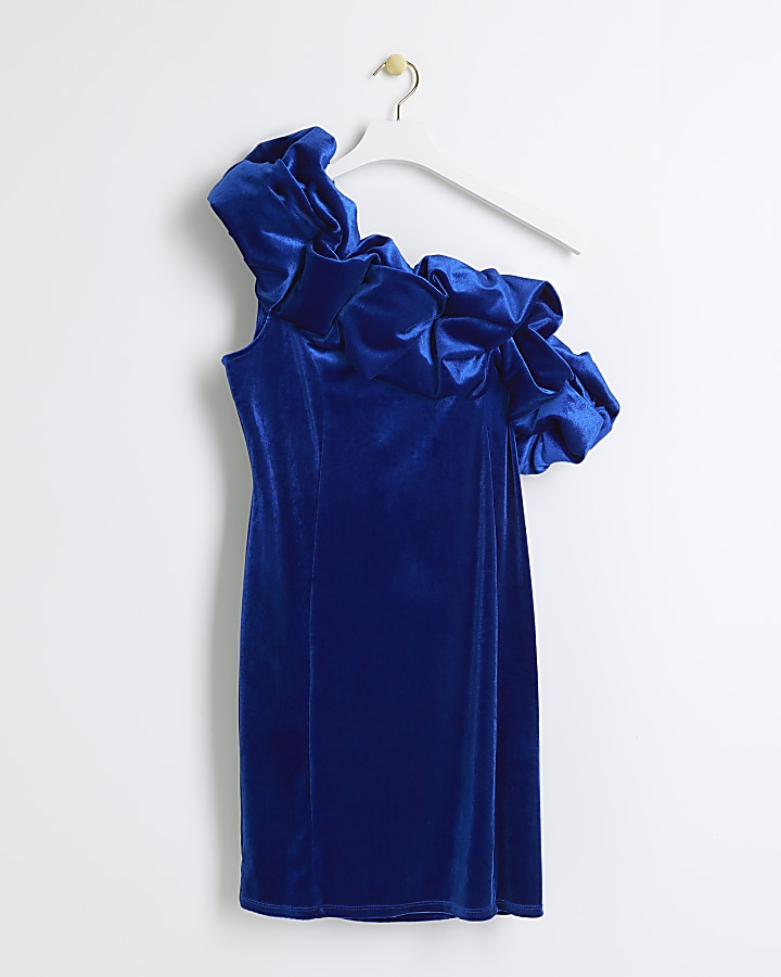Blue velvet off shoulder bodycon mini dress
