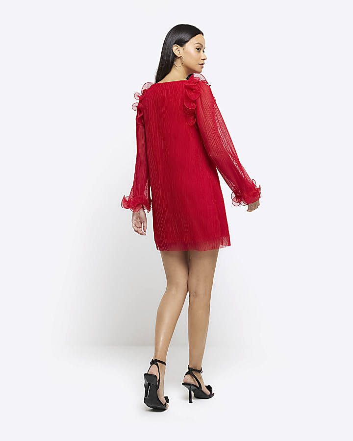 Red plisse frill shift mini dress