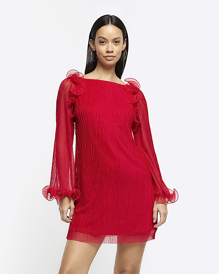 Red plisse frill shift mini dress