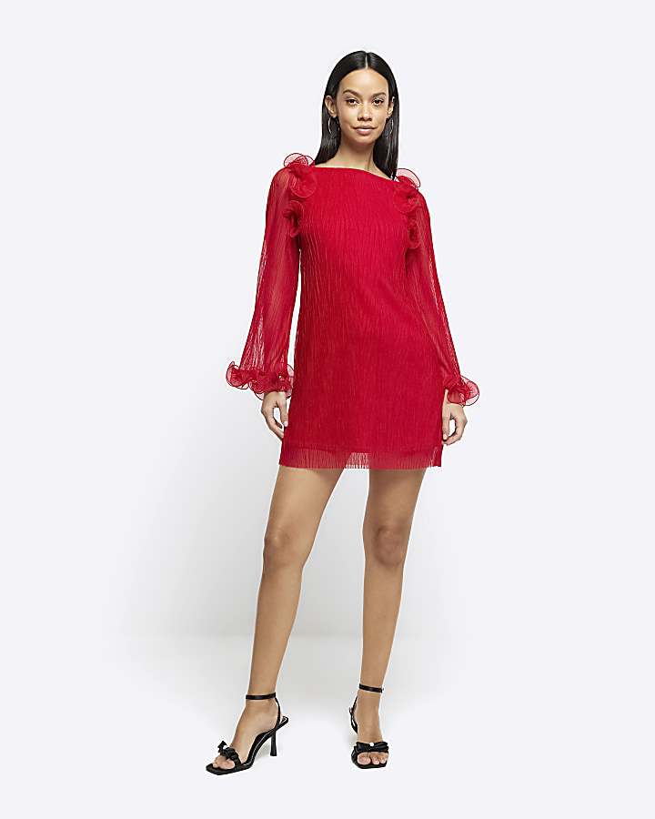Red plisse frill shift mini dress