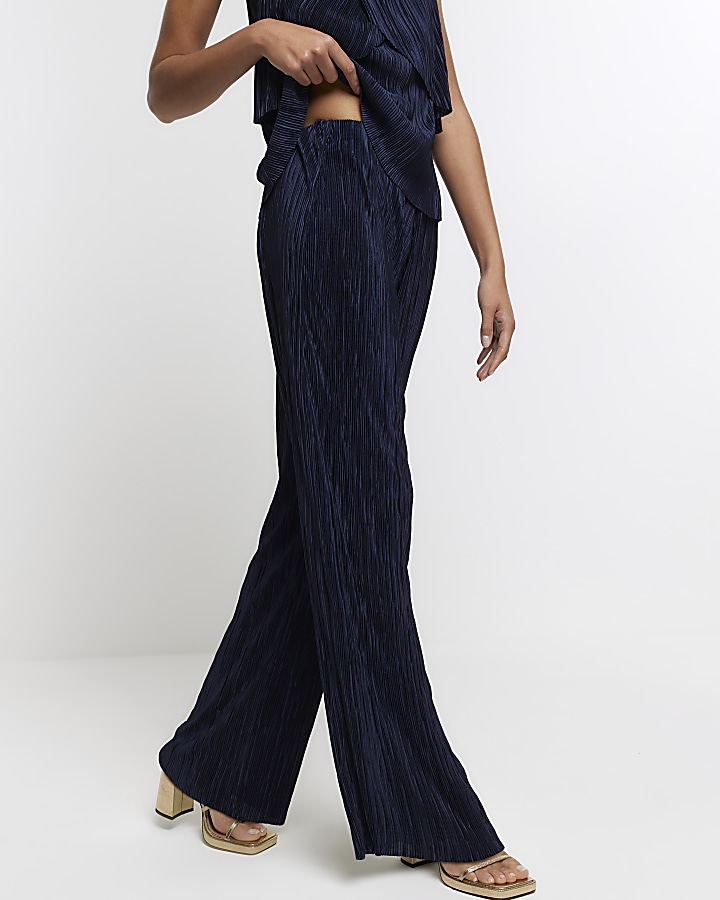 Navy plisse flare trousers