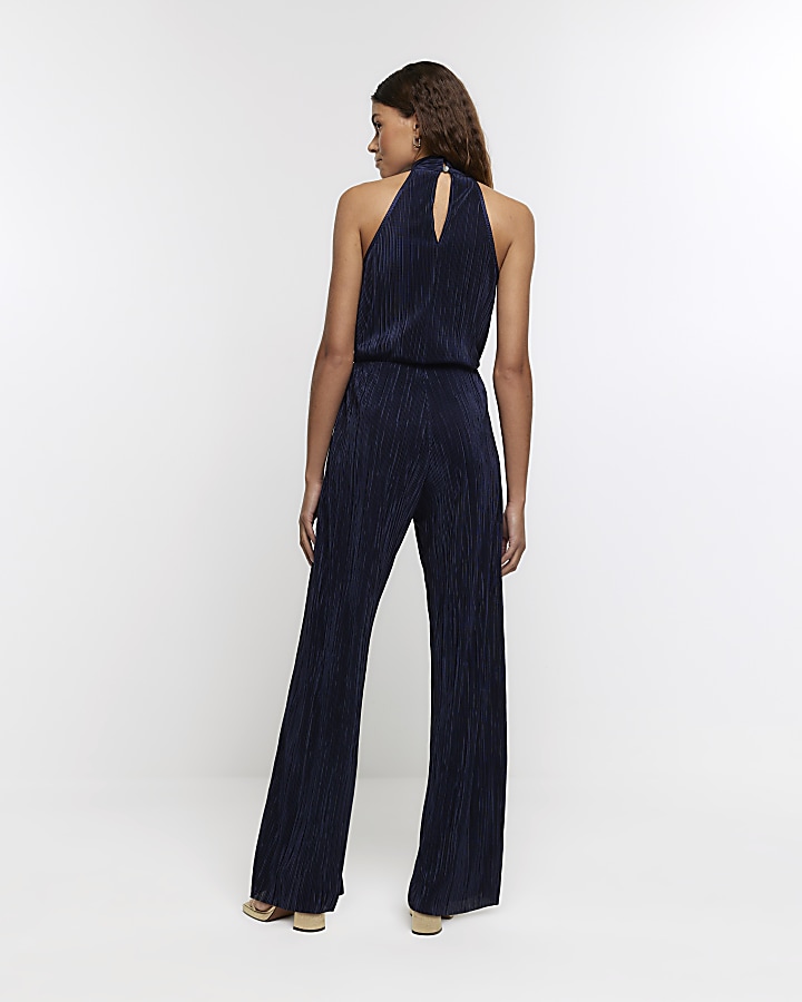 Navy plisse flare trousers