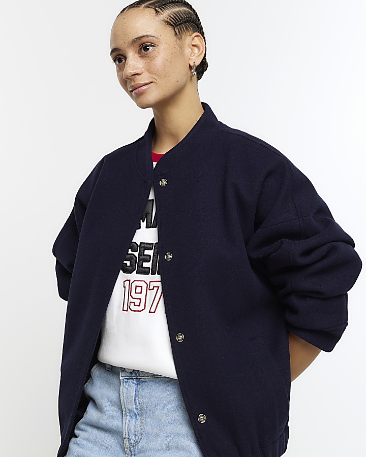 Navy Button Up Bomber Jacket