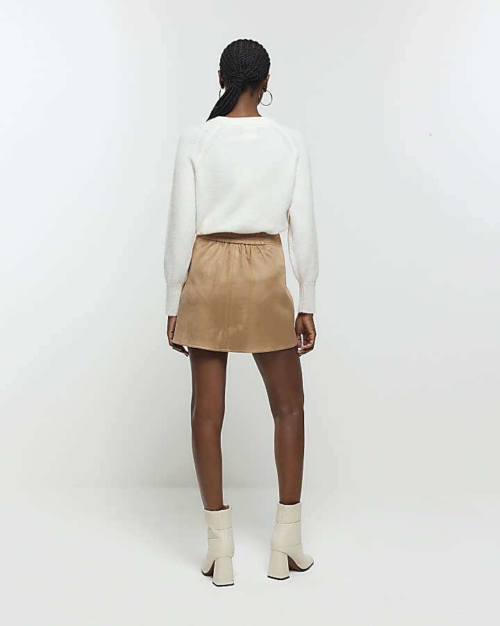 Beige suedette elasticated mini skirt