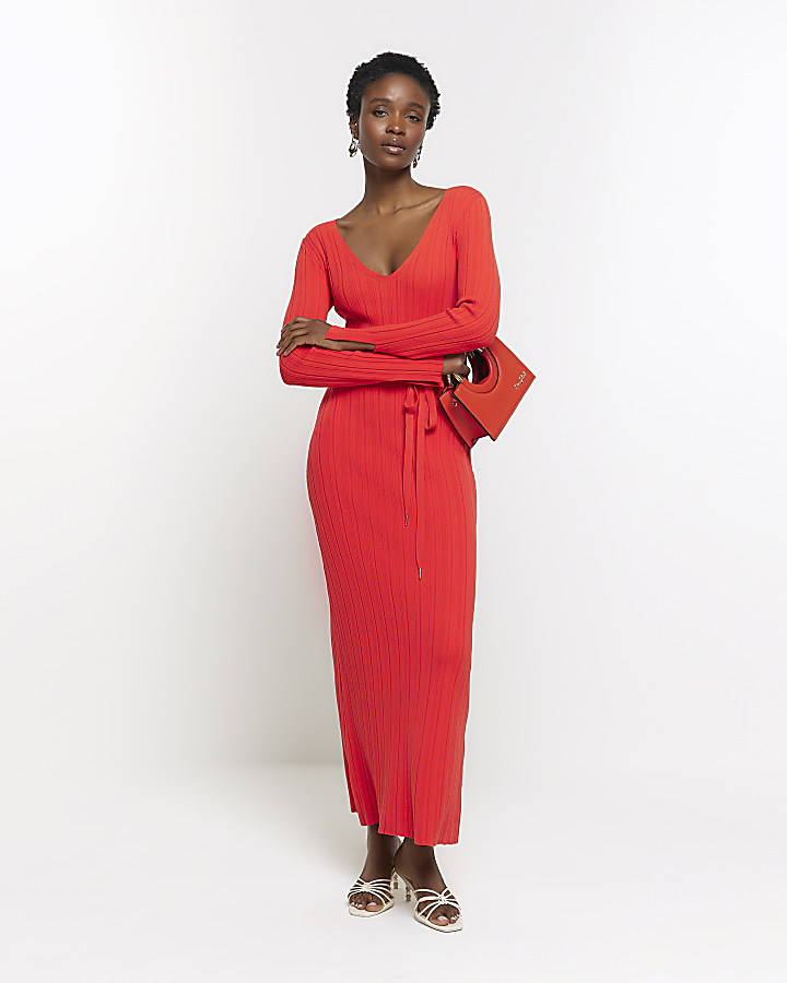 Red knit rib jumper maxi dress