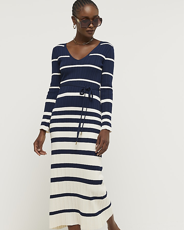 Navy ribbed stripe belted bodycon midi dress