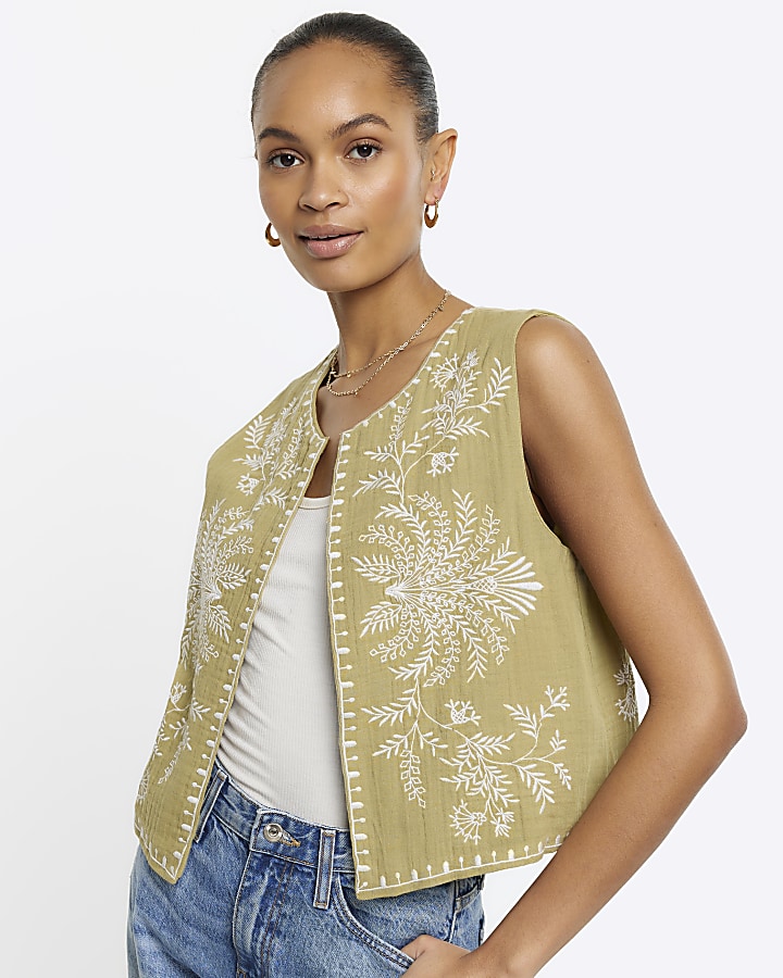 Khaki embroidered waistcoat River Island