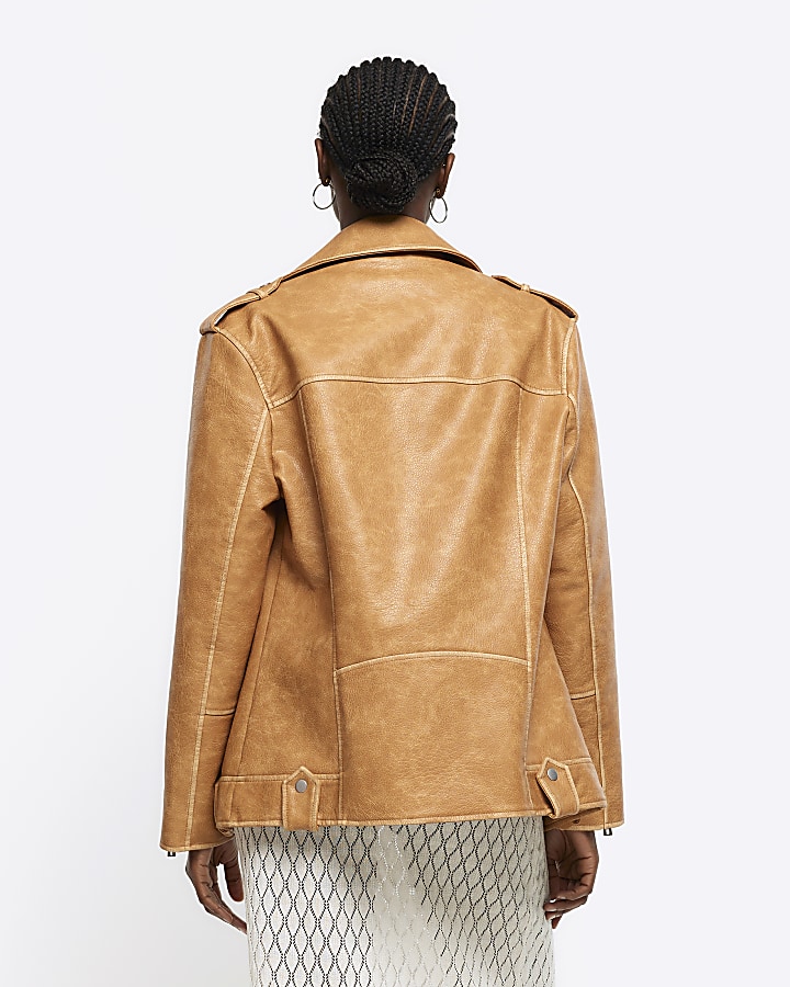 Brown oversized faux leather biker jacket