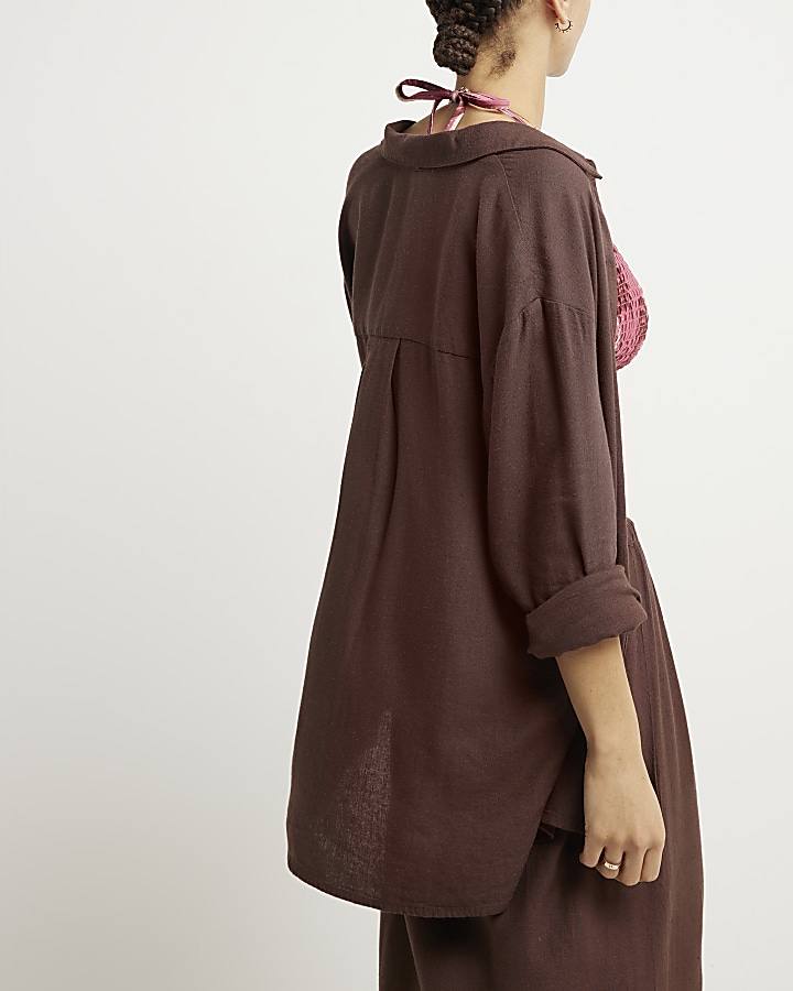Brown linen blend oversized shirt