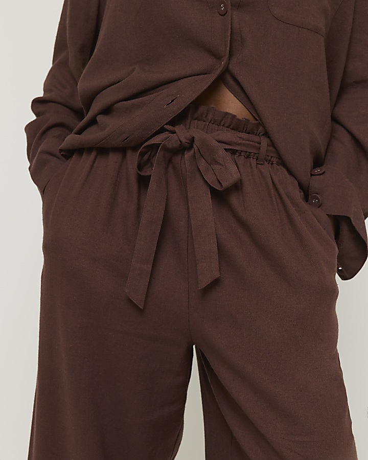 Brown linen blend belted wide leg trousers