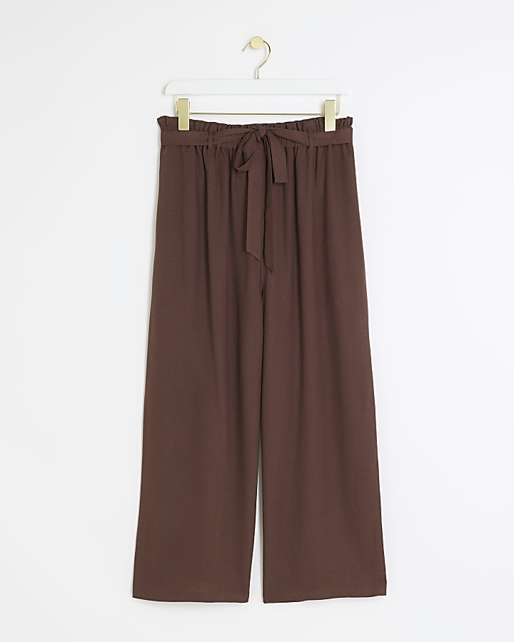 Brown linen blend belted wide leg trousers