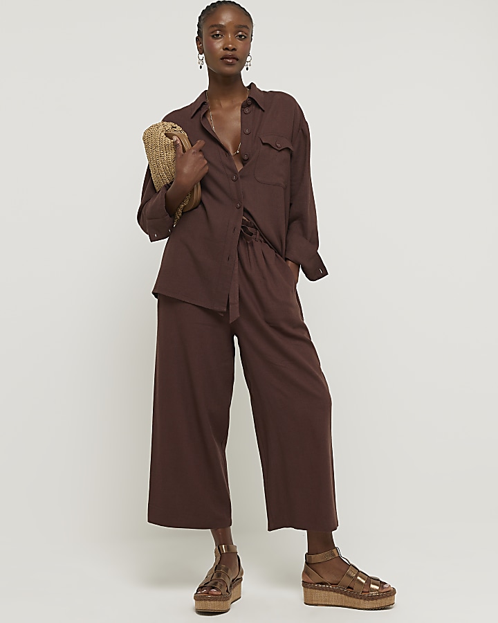 Brown linen blend belted wide leg trousers