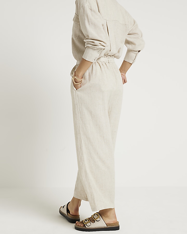 Stone linen blend belted wide leg trousers