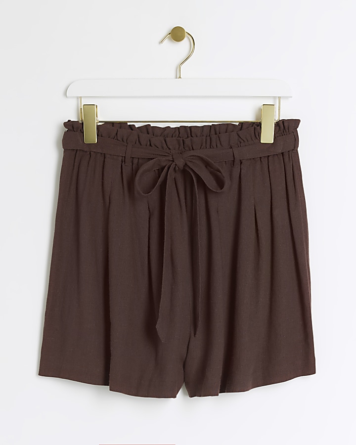 Brown linen blend tie waist shorts