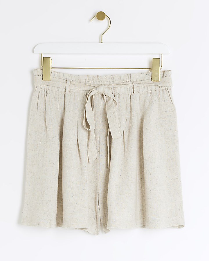 Stone linen blend belted shorts