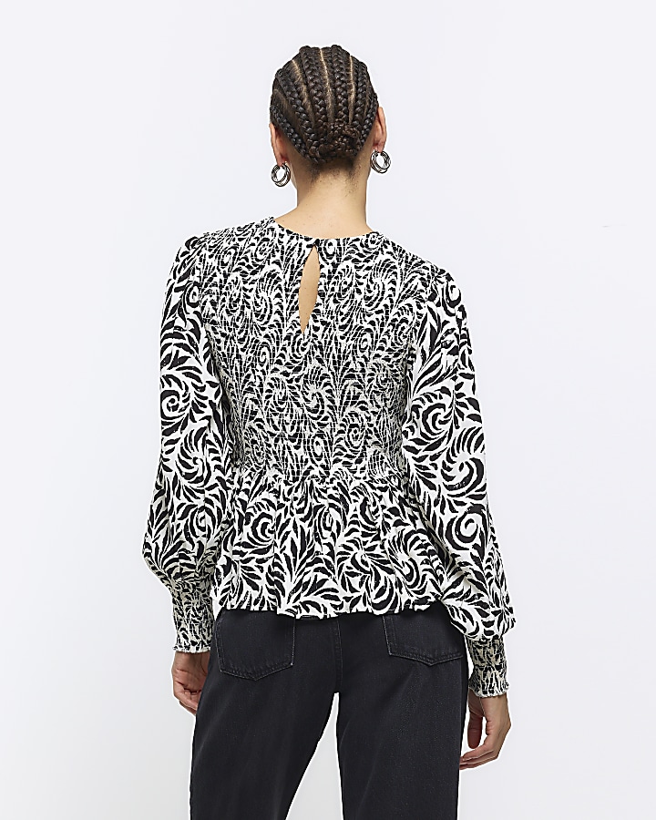 Black abstract shirred blouse