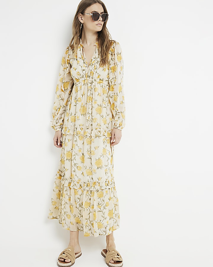 Yellow floral tiered swing maxi dress