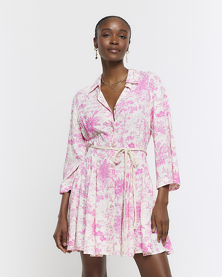 Pink Belted 3/4 Sleeve Print Dresses