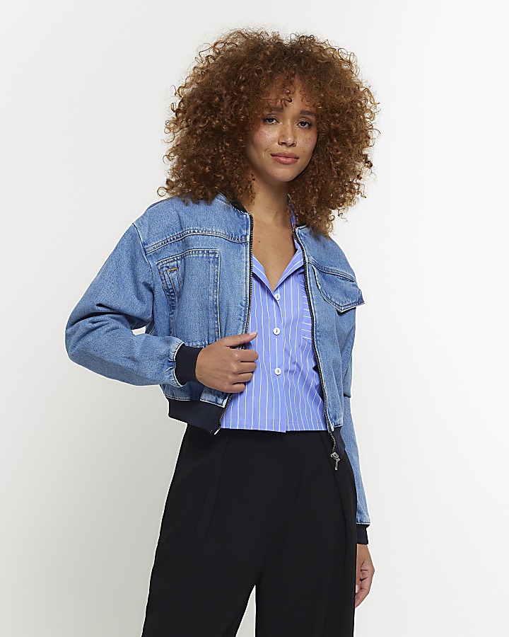 Blue cropped denim bomber jacket