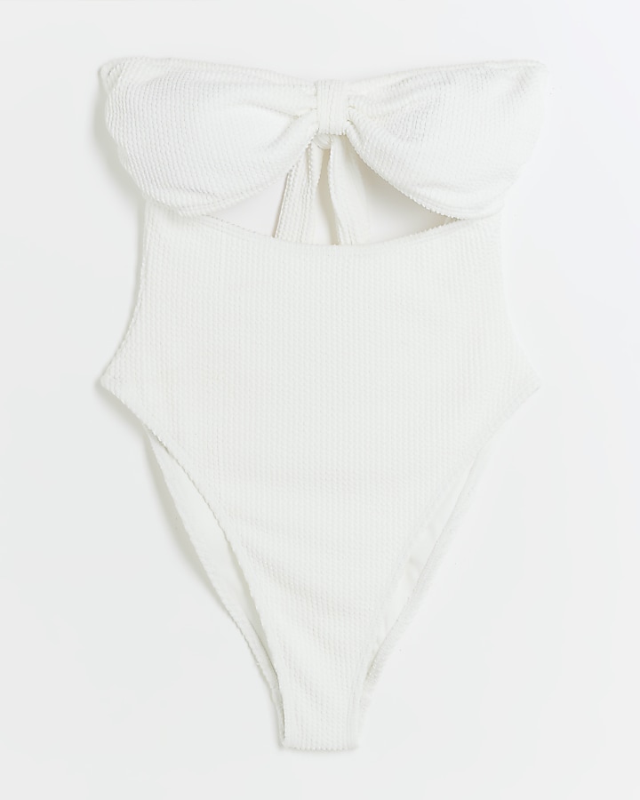 White textured cut out bandeau swimsuit
