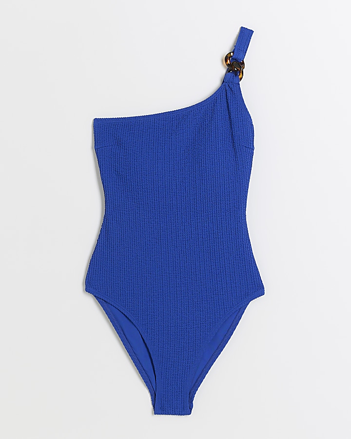 Blue textured one shoulder swimsuit