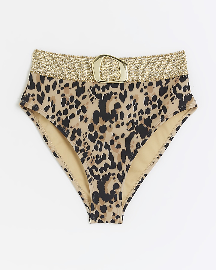 Beige leopard print buckle bikini bottoms