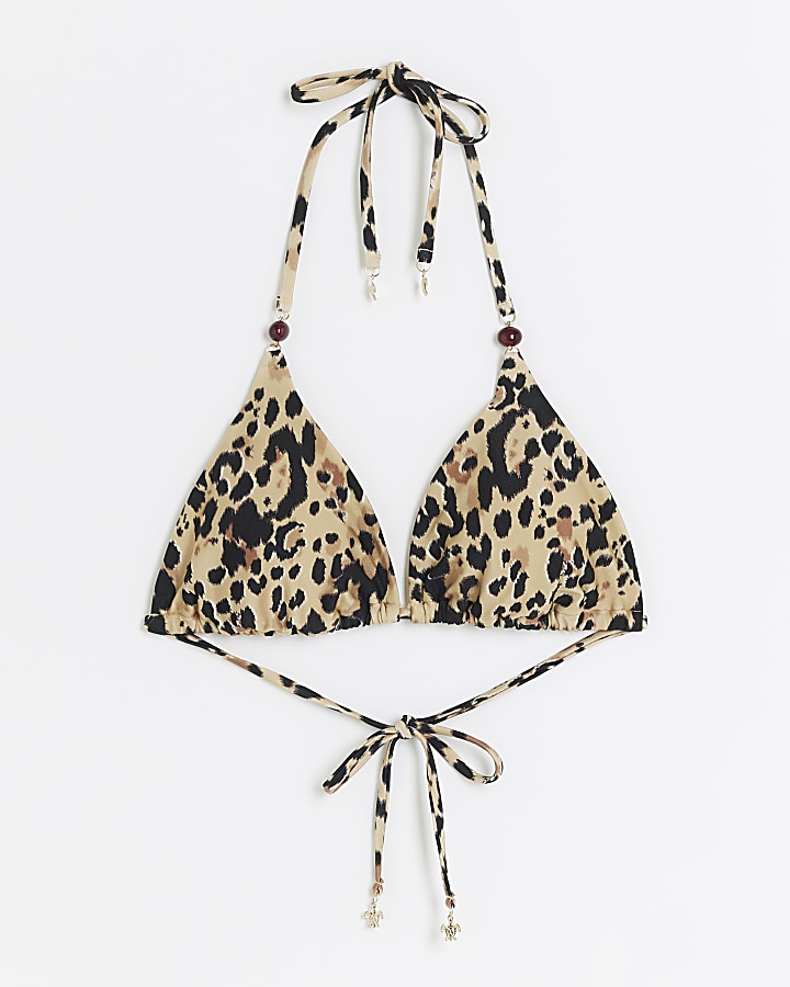 Beige leopard print beaded bikini top