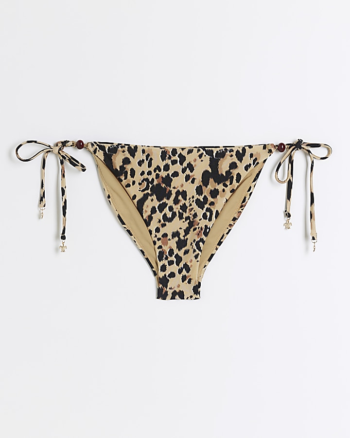 Beige leopard print tie side bikini bottoms