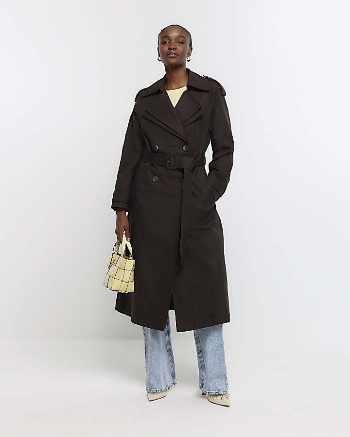 Brown double collar belted trench coat