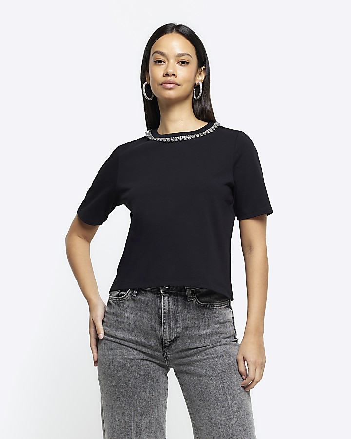 Black diamante embellishment t-shirt