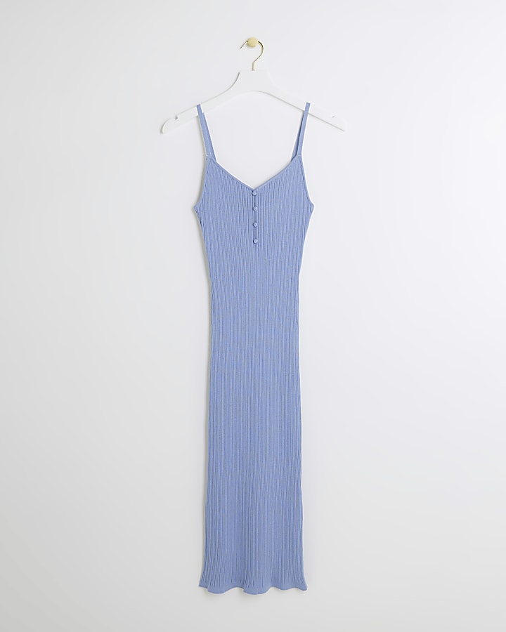 Blue knit button bodycon midi dress