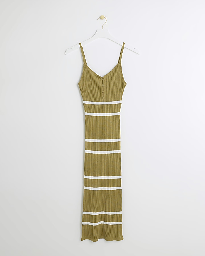 Khaki knit stripe bodycon midi dress