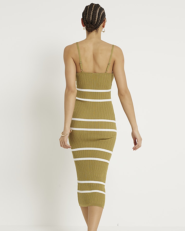 Khaki knit stripe bodycon midi dress
