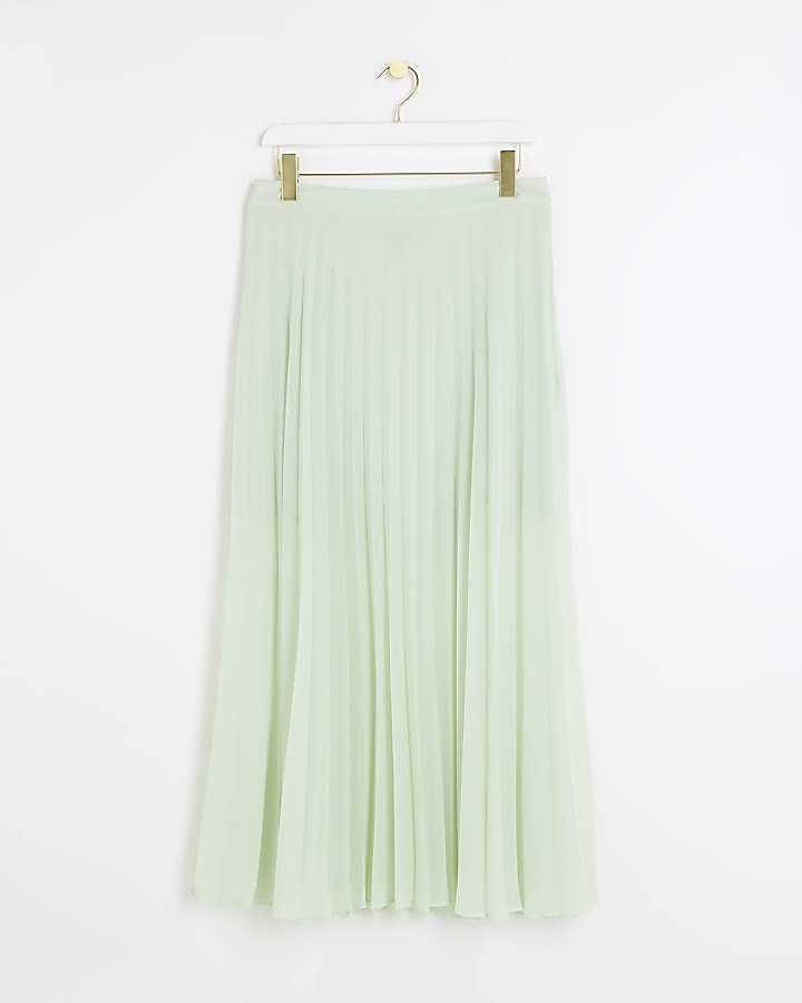 Green pleated sheer midi skirt