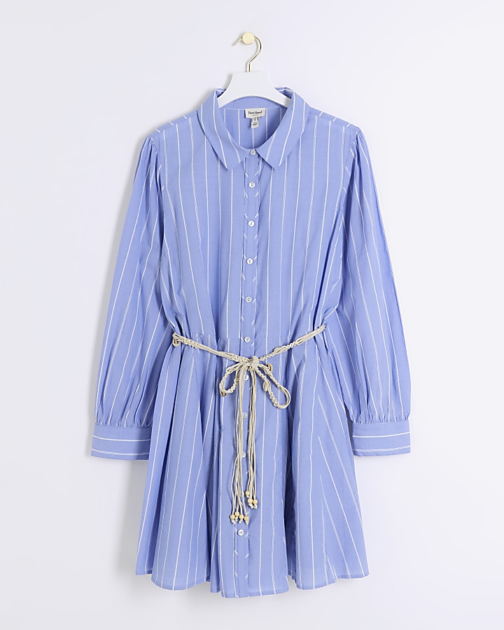 Plus blue stripe belted mini shirt dress