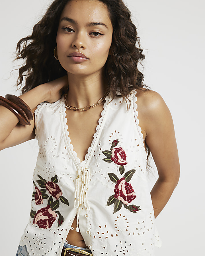 Petite cream embroidered floral corset top