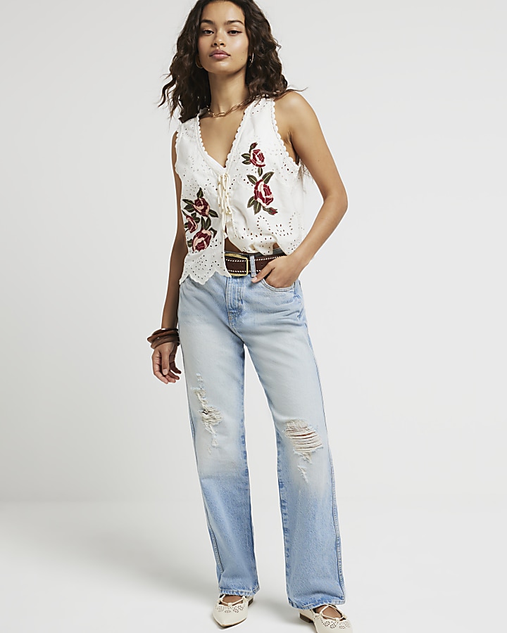 Petite cream embroidered floral corset top
