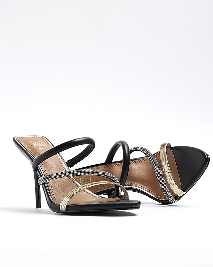 Black diamante strap heeled sandals