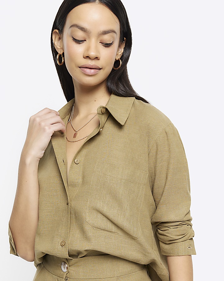 Khaki linen blend long sleeve shirt River Island
