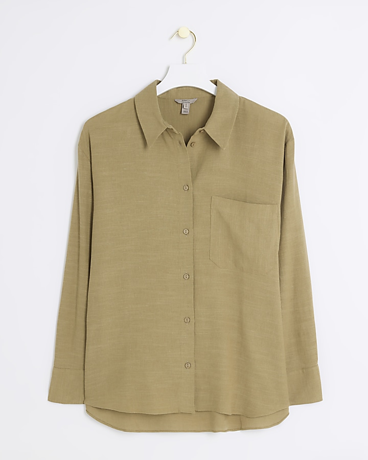 Khaki linen blend long sleeve shirt