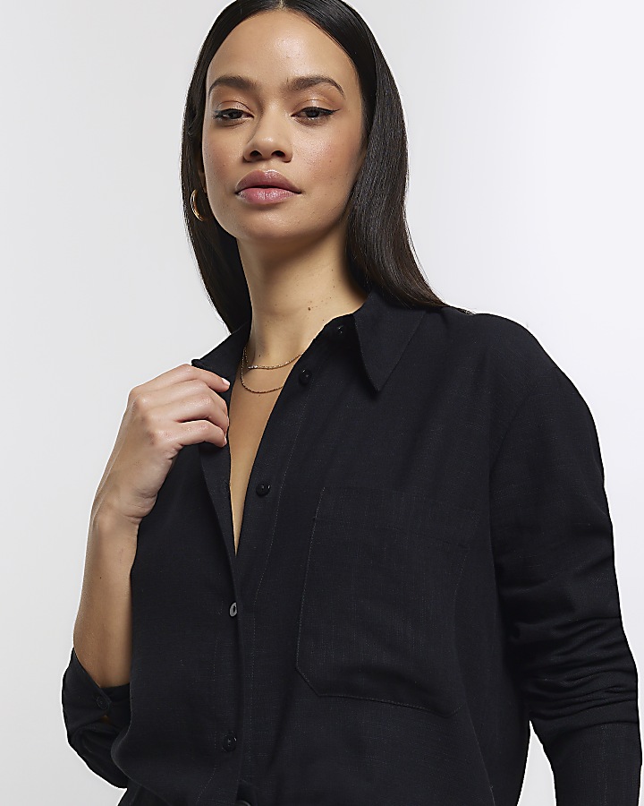Black linen blend long sleeve shirt | River Island
