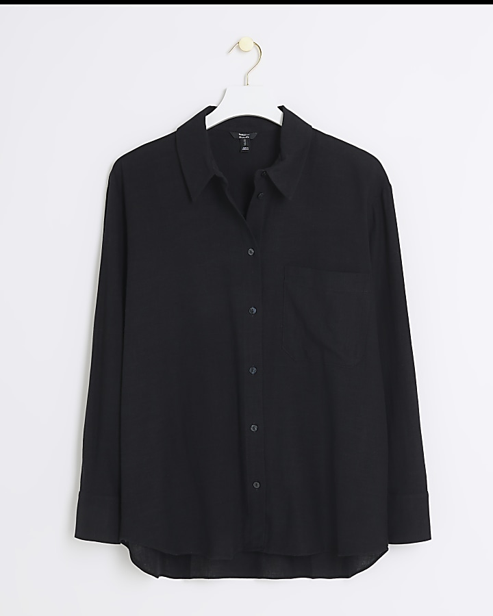 Black linen blend long sleeve shirt