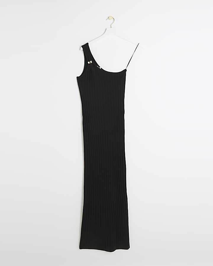 Black knit one shoulder bodycon maxi dress