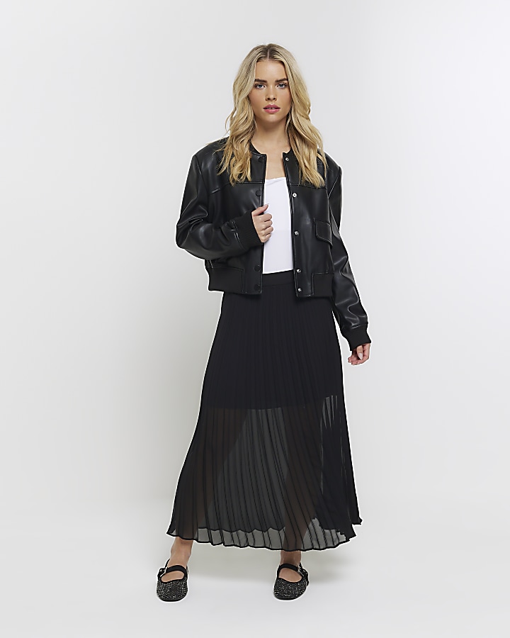 Petite Black Pleated Sheer Midi Skirt