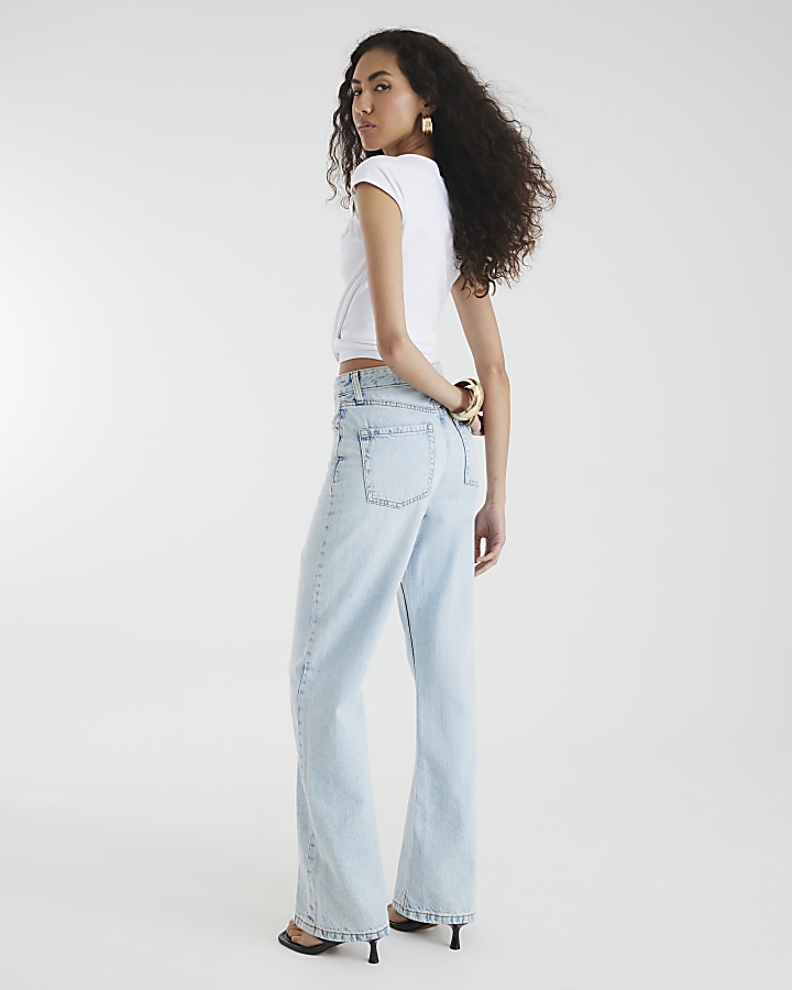 Blue High Rise Washed Straight Fit Jeans